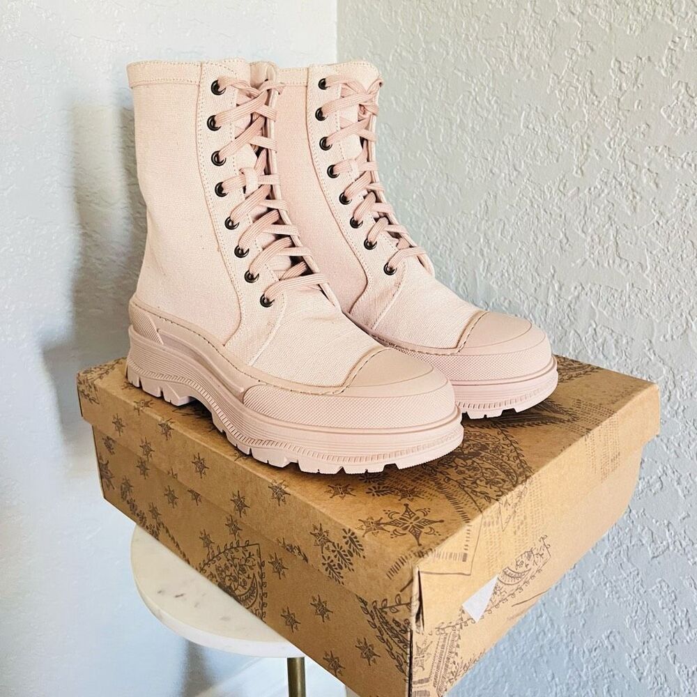 FREE PEOPLE Camp Out Canvas‎ Combat Boot, Natural, Tan/Pink, Size 8, NWT - Picture 4 of 16